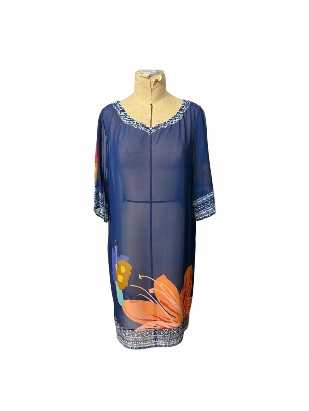 Soft Surroundings Navy Blue Sheer Floral Tunic Dress
